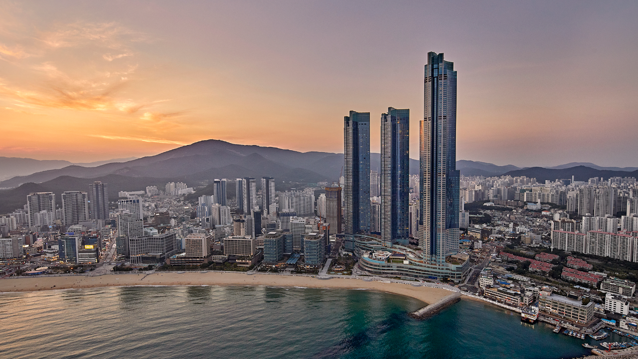 Signiel Busan LCT Tower skyline at sunset