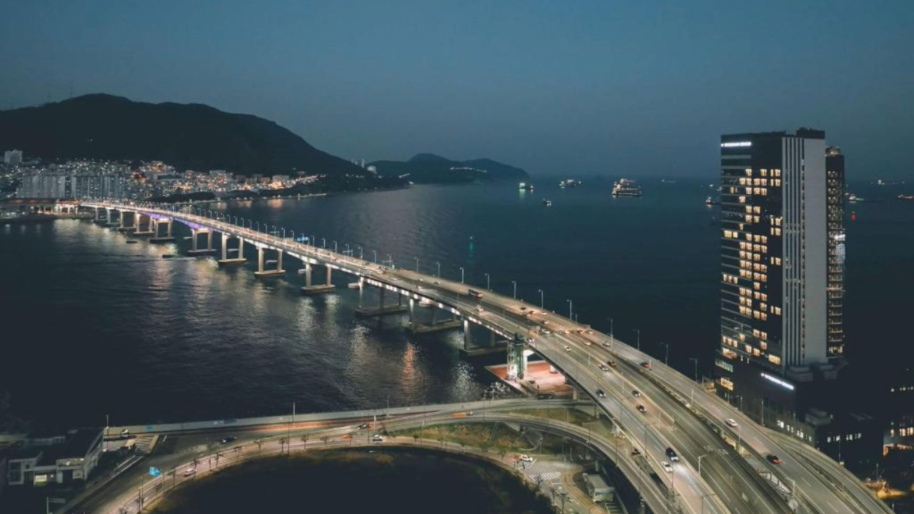 Wyndham Grand Busan oceanfront hotel at night